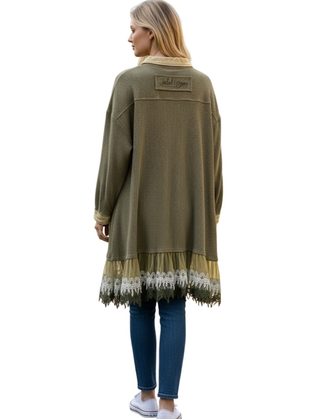 Jaded Gypsy L/XL Olive Waffle Knit Duster/Dress Lace Trim Hem GORGEOUS - Picture 3 of 12